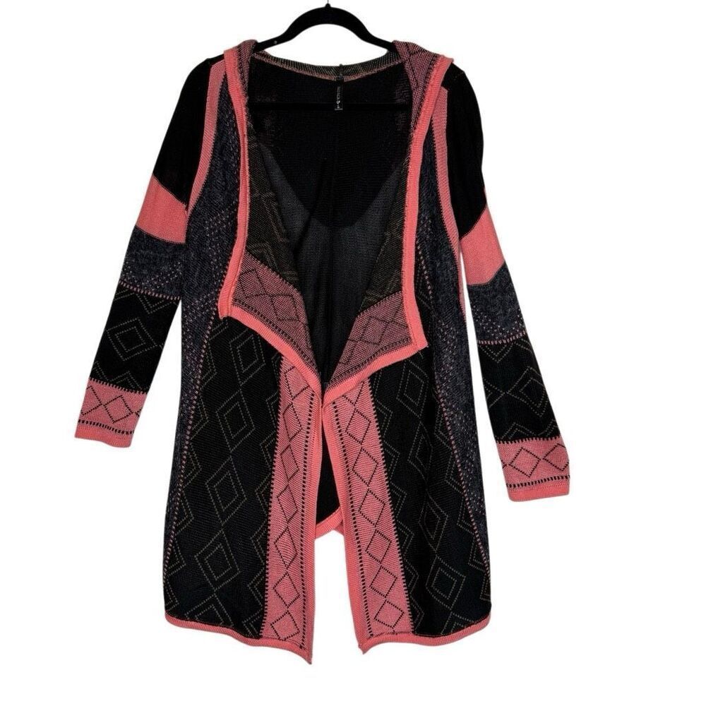 Full Tilt Open Cardigan Sweater Black, Salmon, & Gray Hooded Size L Casual